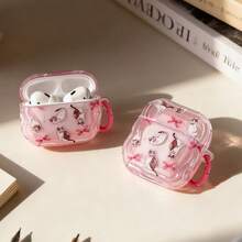 Cute Cat & Bow Design Transparent Bluetooth Earphone Case, Pink Apple & Dream Blue