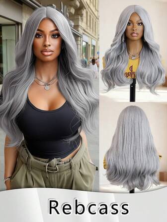 Highlight Medium Body Wave Wig With No Bangs For Women 20 Inch Gray Put On Go Realistic Synthetic Fiber Heat Resistant Natural Wig For Girls Party Cosplay And Daily Use Halloween Costume Wig