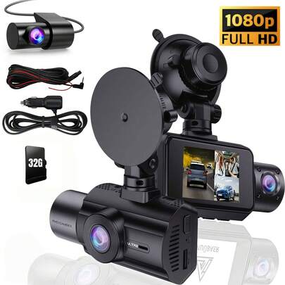 Cámara de salpicadero para automóviles 1080P, grabador de conducción de 3 canales, grabador de conducción triple para automóviles, grabador de conducción con tarjeta de 32GB, sensor G, panel de instrumentos de 170° de gran angular, visión nocturna infrarroja, asistencia de marcha atrás, regalo