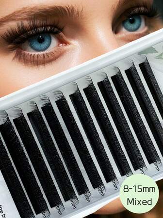 12排3D/4D W形睫毛嫁接自然柔软浓密预制扇形仿貂皮哑光黑色簇状睫毛适用于沙龙