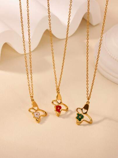 1PC Fashion Oil Dripping Colored Butterfly Necklaces For Women 18K Gold Plated Stainless Steel Butterfly Pendant Necklace Party Wedding Christmas Jewelry Gift