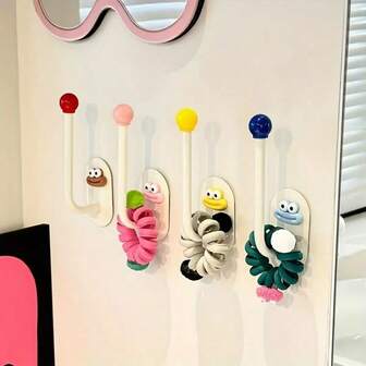 4-Piece Wall-Mounted Multi-Functional Cartoon Face Hooks - No Need To Drill Holes For Attaching Hair Accessories, Headbands, Jewelry And Clothing Storage Racks. Durable Plastic Storage Rack, Suitable For Bedrooms, Bathrooms And Wardrobes. Fun Design, Easy Installation, Practical Hooks.
