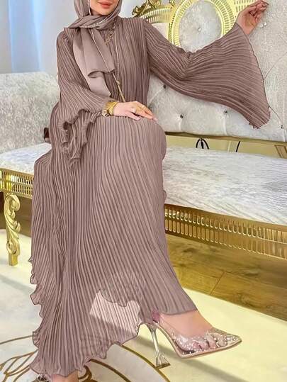 Women's Solid Color Pleated Abaya Dress, Modest