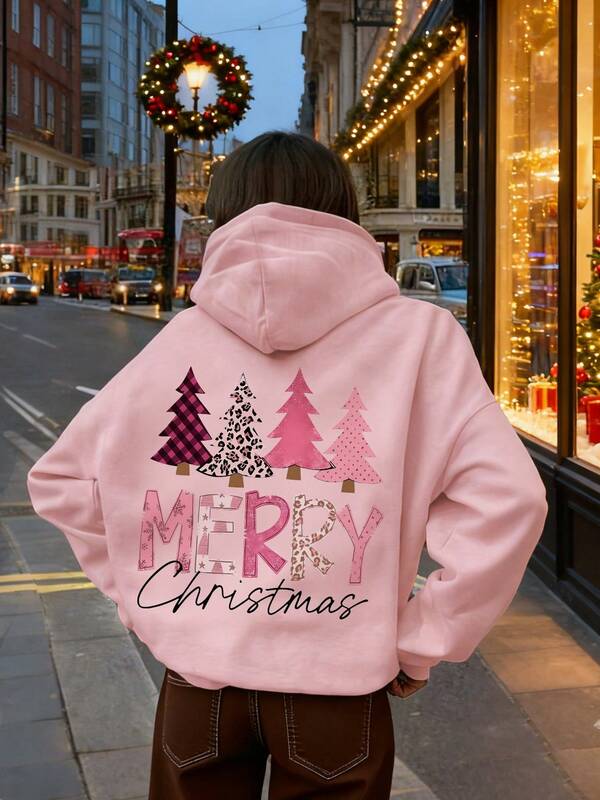 [Christmas Eve Party] Tween Girl 1pc Fleece Lined Warm Christmas Tree & Santa Claus Print Hoodie Sweatshirt, Young Student Kids Clothing, Suitable For Children In Autumn/Winter