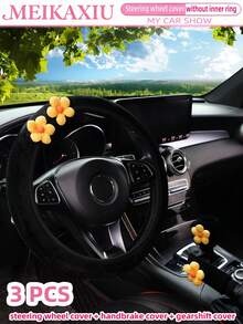MEIKAXIU 3pcs Corn Flower Short Plush Car Steering Wheel Cover Without Inner Ring 38CM Handbrake Cover Gear Shift Cover Car Accessories For Women - Multicolor - View 2
