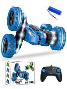 1 件遥控特技车，带彩色 LED 灯，2.4GHz 全地形遥控车，4WD 360° 旋转翻转玩具车，可充电遥控车玩具，适合 6-8 岁和 8-12 岁儿童，是圣诞节、万圣节、复活节、新年、生日的绝佳礼物（蓝色、绿色、红色）