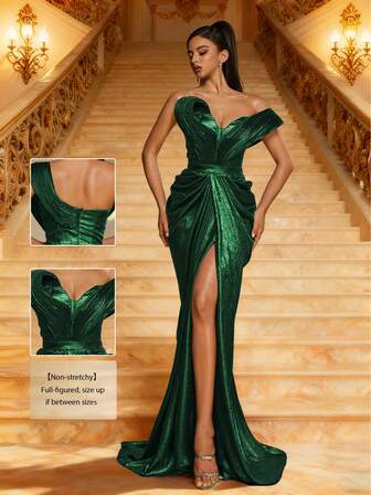Smilprince Luxurious Metallic Off-Shoulder High Slit Long Sheath Evening Gown, Elegant Party, Prom Dresses For Women, Formal Evening Gown, Wedding Guest Dress
