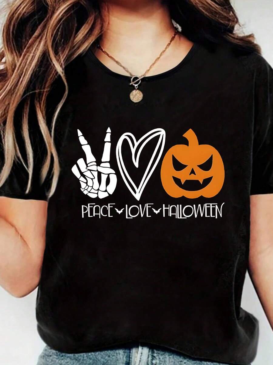 Peace Love Halloween Skeleton Hand Heart Pumpkin Graphic Tee With Cute Dark Style, Fashionable And Versatile Women's Tops T-Shirt, 220g Pure Cotton Printed Short Sleeves