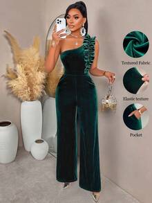 AIJ Amarilo 女士荷叶边腰部阔腿连体裤，2025 秋冬纯色丝绒鸡尾酒会礼服，新年女士服装 - 墨綠色 - 查看 4