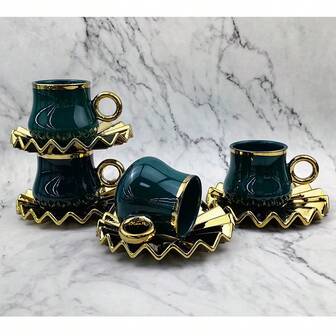 1 Set - 1 Cup, 1 Saucer Coffee Cup & Saucer Set, Ceramic 100ml/3.3oz Scalloped Saucer, Electroplated In Gold, Red, Dark Green, Beige Colors