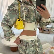 Women's Two-Piece Set American Street Style Color-Block Waist-Cinching Camouflage Hooded Sweatshirt Casual Straight-Leg Sweatpants Fashion Two-Piece Set - 綠色 - 查看 2