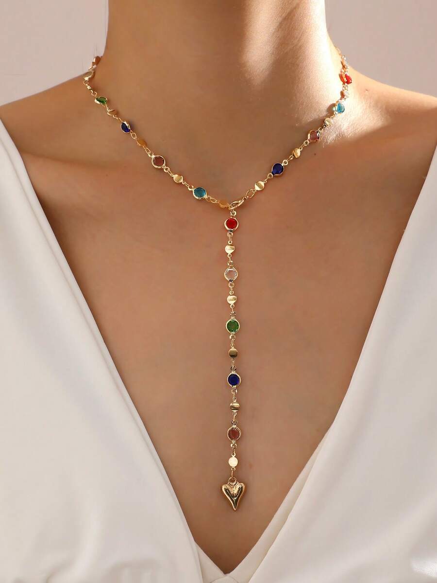 قلادة طويلة على شكل حرف Y للنساء، ذات طراز راقي وأنيق، مرصعة بأحجار كريستالية ملونة على شكل قلب، ذات لمعان معدني فريد، مناسبة للارتداء اليومي والحفلات والسهرات، هدية مميزة للمرأة