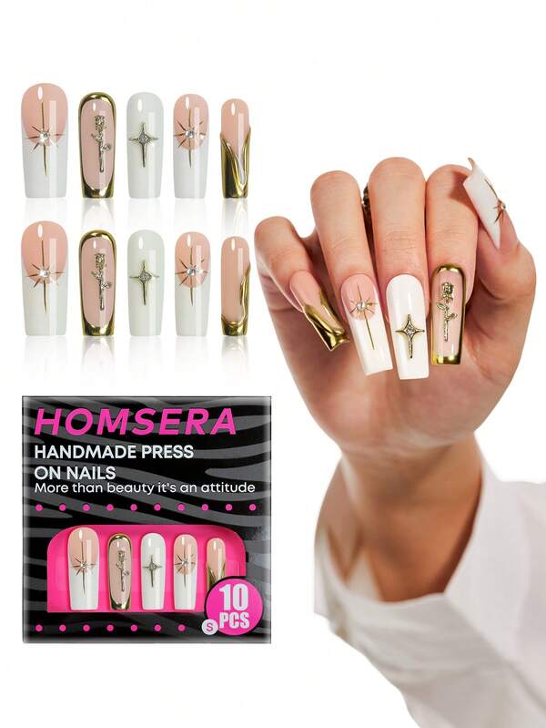 10 piezas Uñas postizas francesas largas y cuadradas, set de uñas acrílicas hechas a mano XXL/XXXL, uñas cromadas doradas con decoración de flores, estrellas y dijes de diamantes, adecuadas para uso diario y decoración de fiestas y regalos para niñas y mujeres