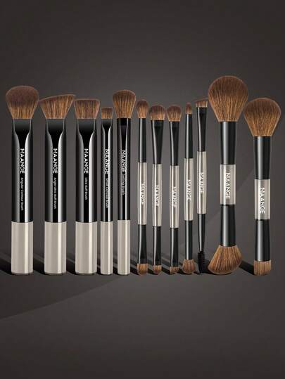 MAANGE 12件套专业双头化妆刷套装，包括斜角粉底刷、轮廓刷、腮红刷、散粉刷、眼影刷、眼线刷、眉刷、遮瑕刷、高光刷和晕染刷，刷毛柔软，便携旅行套装，送给女性和女孩的礼物