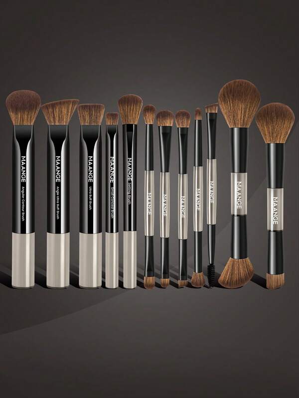 MAANGE 12Pcs Professional Facial Double-Ended Makeup Brush Set,Bevel&Taper Foundation Brush Contour Brush Blush Brush Powder Brush Eyeshadow Brush Eyeshadow Brush Eyeliner Brush Eyebrow Brush Concealer Brush Highlight Brush Smudge Brush,Makeup Tools With Soft Fiber For Easy To Carrying,Set For Travel,Gift For Women&Girls