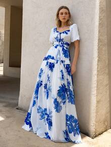 Faeriesty Đầm maxi chiffon in họa tiết hoa thanh lịch – Cổ vuông, tay phồng – Chân váy dài chấm đất thướt tha tạo nên phong cách sang trọng tự nhiên | Thích hợp cho đám cưới ngoài trời mùa xuân, tiệc brunch thường ngày và kỳ nghỉ. - Màu xanh lam - Xem 1