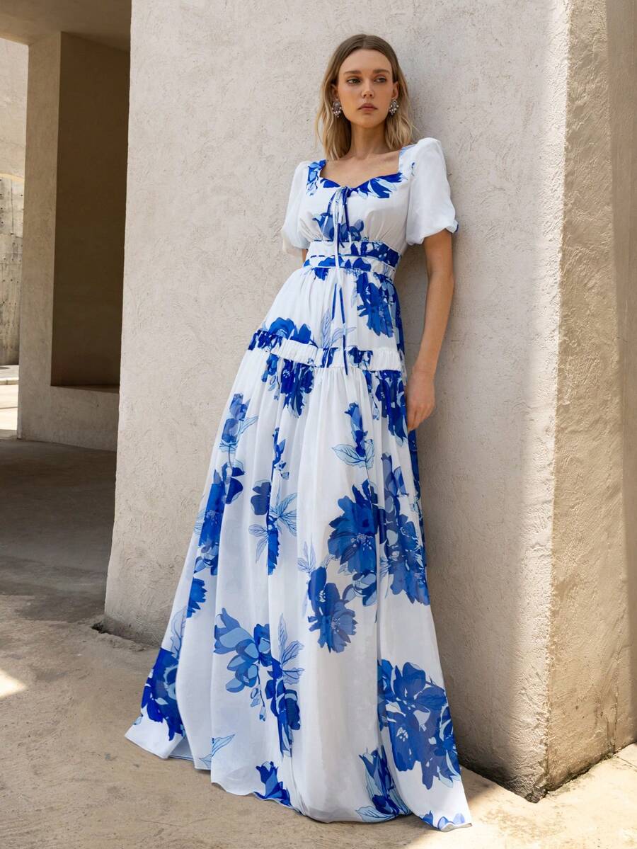 Faeriesty Đầm maxi chiffon in họa tiết hoa thanh lịch – Cổ vuông, tay phồng – Chân váy dài chấm đất thướt tha tạo nên phong cách sang trọng tự nhiên | Thích hợp cho đám cưới ngoài trời mùa xuân, tiệc brunch thường ngày và kỳ nghỉ. - Màu xanh lam - Xem 1