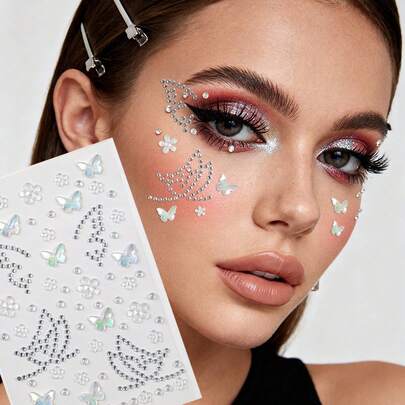 1包3D多粒子面部装饰水钻，渐变极光蝴蝶花朵水钻装饰，闪亮精致眼角水钻装饰，适用于节日、派对、日常佩戴、音乐节、化装舞会 - 可用于头发、眼睛、面部、身体