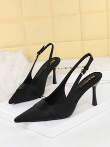 European & American Style Banquet Pointed Toe Satin Stiletto Hollow Out Ankle Strap High Heel Shoes For Women