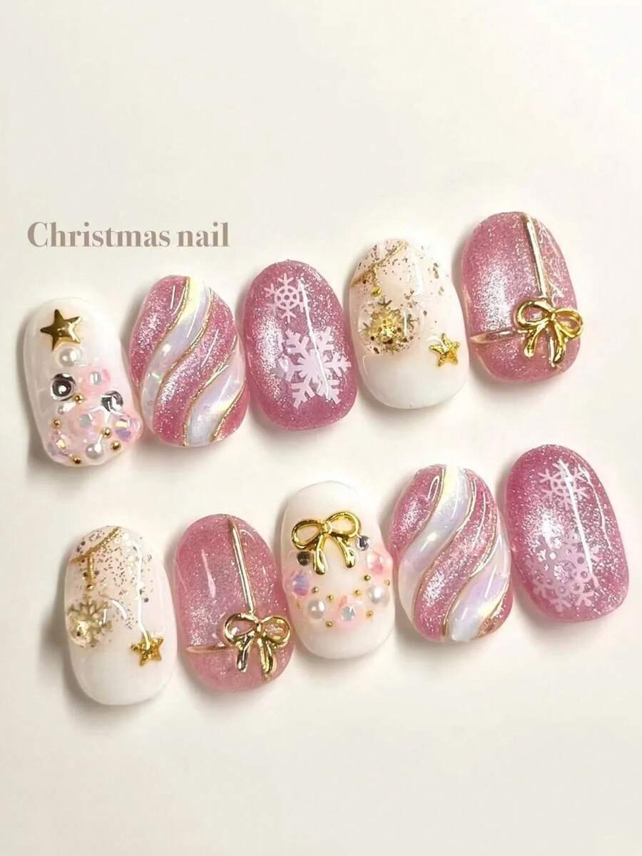 10 件圣诞美甲 - 粉色猫眼和雪球 3D 效果、圣诞树和蝴蝶结水晶装饰、闪光和立体蝴蝶结、可爱杏仁按压指甲、圣诞快乐、适合女士和女孩日常和派对、全覆盖长假指甲带美甲工具套装、送给女性的绝佳礼物