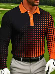Camisa polo masculina de manga comprida para golfe, com estampa de losangos em degradê, gola clássica, tecido confortável, estilo esportivo e casual, cores contrastantes, moderna e atraente, ideal para entusiastas do golfe e para uso diário. - Multicolorido - Ver 7