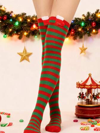 Women's 1-Pair Christmas Decor Over-The-Knee Socks - Holiday Party Winter Accessory, Seasonal Wear, Warm Texture, Perfect For Christmas