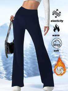 Fleece Lined Pants Women Thermal Yoga Pants With Pockets High Waist Warm Pants Winter Flare Leggings For Women - 藏蓝色 - 查看 3