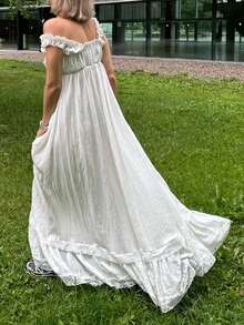 Women Long Tank Dress Lace Trim Tie-Up V Neck Sleeveless Backless Empire Waist Ruffle Dress For Evening Party Club - 白色 - 查看 7