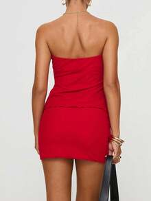 女士性感纯色抹胸镂空不对称上衣紧身一步裙套装、圣诞服装、外出服装、性感俱乐部服装、束身衣裙、露肩装、演唱会狂欢服装