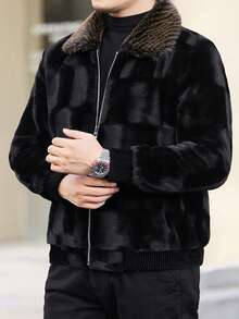 男士长袖时尚撞色仿皮草外套，奢华加厚保暖翻领皮草，适合冬季穿着。