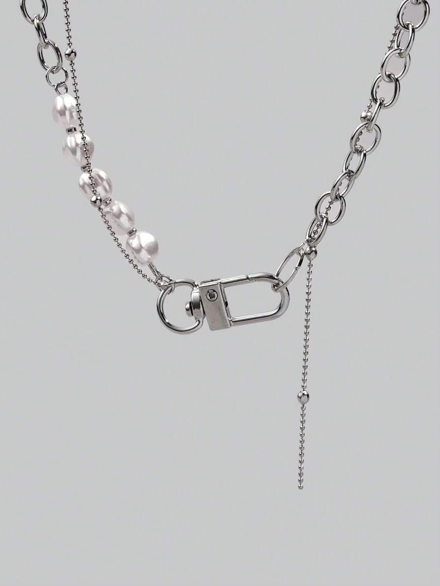 DareSee Faux Pearl Decor Chain Necklace, Suitable For Daily Wear Gifts Music Fest Halloween - Silver - View 1