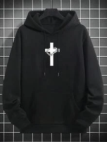 K-GLORY 男士休闲街头风连帽衫，十字架元素及英文标语印花，秋冬款 - 黑色 - 查看 5