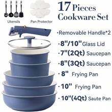2025new19pcs Pots And Pans Set  Cookware Set Detachable Handle Induction Kitchen Cookware Sets  Stick With Removable Handle RV Cookware Set Oven - 19 Mảnh + Xanh - Xem 2