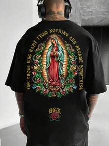 men's t-shirt, virgen de guadalupe With Roses And Crown, black pattern t-shirt, 100% pure cotton, casual, soft and comfortable, suitable for autumn and winter to match with men's jackets, Christmas gifts for men, local promotions - Negro - Ver 1