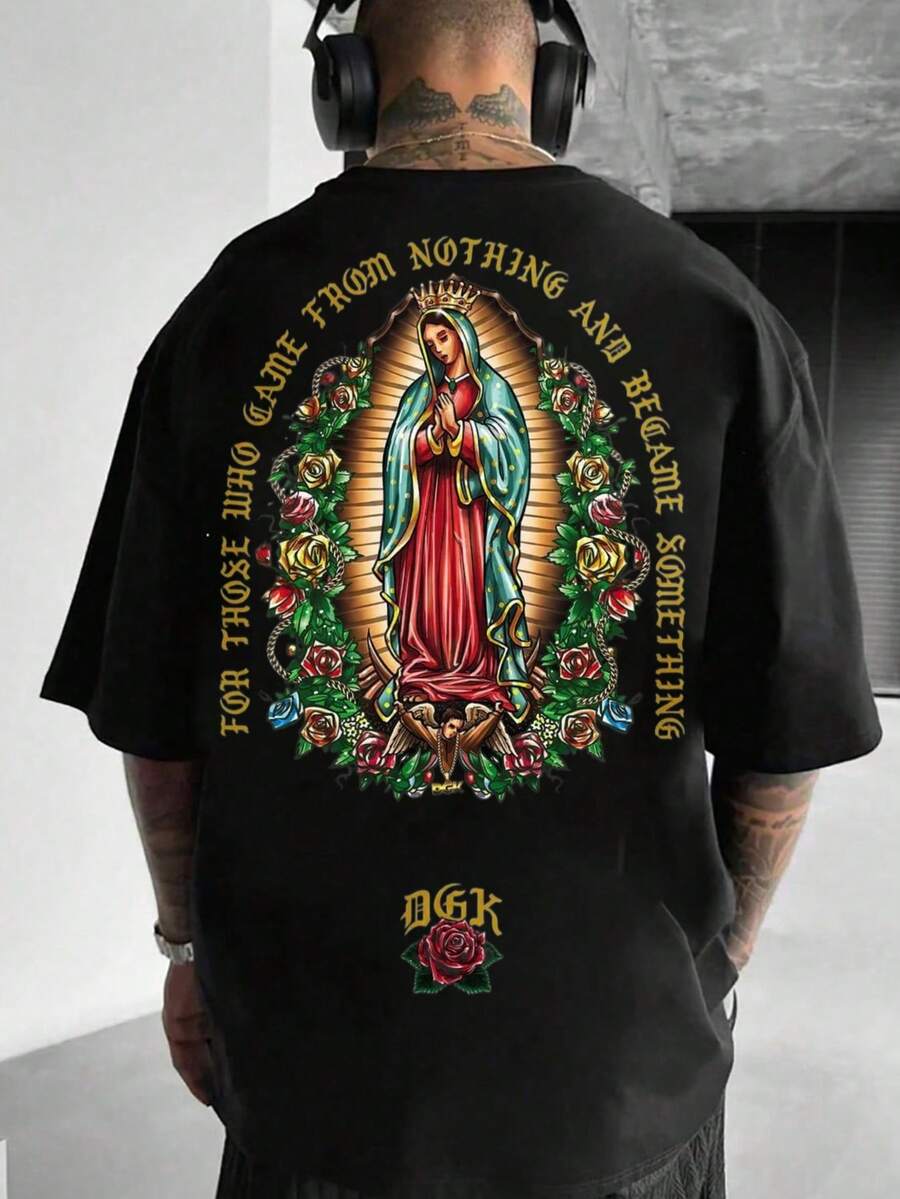 men's t-shirt, virgen de guadalupe With Roses And Crown, black pattern t-shirt, 100% pure cotton, casual, soft and comfortable, suitable for autumn and winter to match with men's jackets, Christmas gifts for men, local promotions - Negro - Ver 1