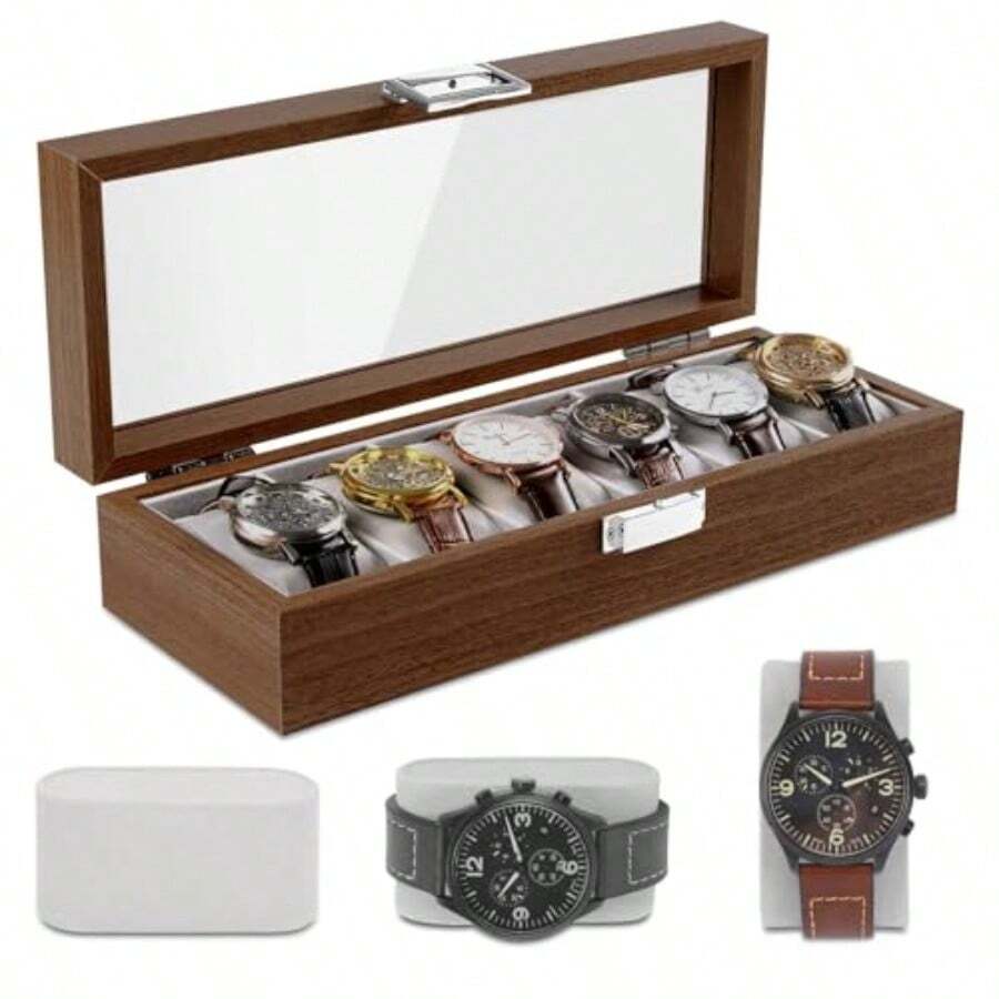 BLAZDEVE 6Slot Wooden Watch Box Organizer For Men Watch Box With Glass Window Jewelry Collection Case Organiser Holder Velvet Cushion Metal Clasp Watch Box For Men And Women