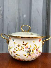 1pc/3pcs High-Temperature Resistant Enamel Coated Soup Pot With Dual Handles, Thick & Large Capacity For Boiling And Stewing, Suitable For Gas Or Electric Stove, Floral And Bird Design, Perfect For Home And Restaurant Kitchen, Holiday Party Gift