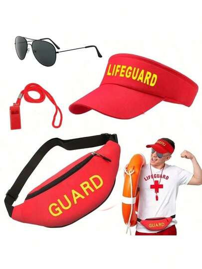 1-4pcs Carnival Lifeguard Costume Set, Holiday Fun Lifeguard Role Play, Beach Sun Hat, Red Fashion Sunglasses, Whistle, Surfboard Bag, Beach Vacation Outfit,For Summer Costume
