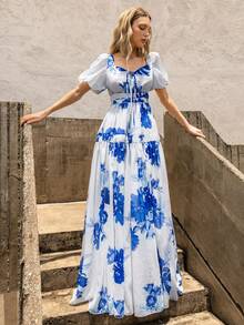 Faeriesty Đầm maxi chiffon in họa tiết hoa thanh lịch – Cổ vuông, tay phồng – Chân váy dài chấm đất thướt tha tạo nên phong cách sang trọng tự nhiên | Thích hợp cho đám cưới ngoài trời mùa xuân, tiệc brunch thường ngày và kỳ nghỉ. - Màu xanh lam - Xem 11