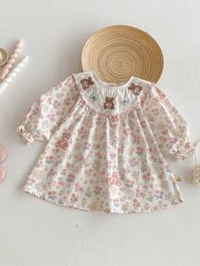 Baby Girl Floral & Bear Print Sweet Long Sleeve Dress, Autumn - Apricot - View 7