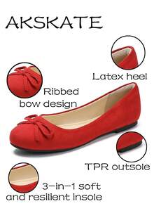A Pair Of Elegant Women's Flat Shoes Featuring A Charming Bow Design. Made With A Soft Suede Upper And A Breathable PU Lining, These Flats Are Equipped With A Triple-Layered, Ultra-Comfortable Insole For All-Day Wear. Perfect For Daily Commuting, Work, Campus Life, Outdoor Strolls, Birthday Parties, And A Variety Of Social Gatherings. - 紅色 - 查看 2