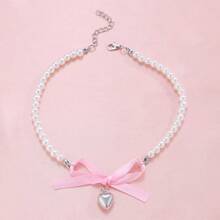 1pc Elegant Necklaces For Women,Heart Shaped Bow Pendant,Pink Choker,Pearl Necklace,Heart Necklaces,Gifts For Women,Jewelry Women