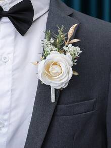 1pc/6pcs White Princess Rose Breath Romantic Floral Brooch, Suitable For Bride, Groom, Wedding Decoration, Banquet, Party Valentine's Day Accessories - White - View 5