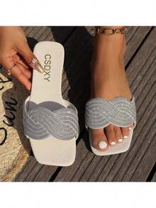 Las mujeres sandalias planas ondulación zapatos de diamantes de imitación Europa y los Estados Unidos de alto nivel de la moda flash de diamantes sandalias planas zapatillas - Blanco - Ver 6