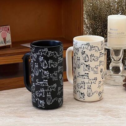 1pc Minimalist Cat Pattern Ceramic Mug, Straight-Sided Tall Cup Design, Large Capacity, Suitable For Home Or Office Use, Can Hold Various Cold And Hot Beverages Such As Milk, Coffee, Hot Chocolate, Juice, Latte, Ideal Gift For Family And Friends