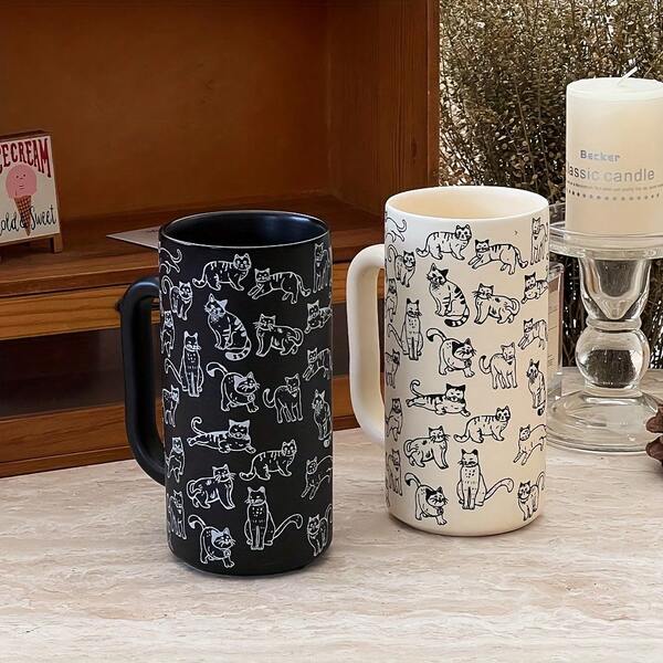1pc Simple Cat Design Mug, Tall Straight Ceramic Mug With Handle, Large Capacity, Suitable For Home Or Office, Ideal For Various Cold And Hot Beverages, Milk, Coffee, Hot Cocoa, Juice, Latte, Perfect As A Gift For Family Or Friends During Festivals