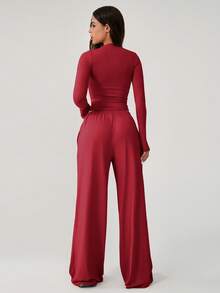 NcmRyu 1 Set de Top de manga larga y pantalones de unicolor con cordón, pierna recta y ajuste relajado para mujer, conjunto de entrenamiento primaveral - Rojo - Ver 5