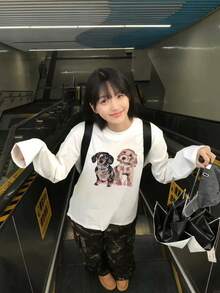 可爱小狗字母印花白色纯棉长袖休闲宽松套头衫，女士款，秋季新款 - 白色 - 查看 4