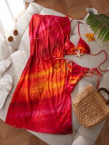 三件套女士泳衣套装，性感渐变日落印花比基尼配沙滩罩衫，适合女士圣诞派对和夏季度假。 - 紅色 - 查看 8
