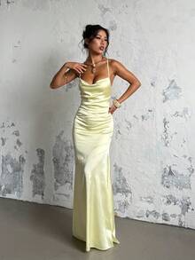 1pc Solid Color Elegant Backless Tie Strap Dress, Suitable For Party, Wedding, All Seasons - Green - View 1
